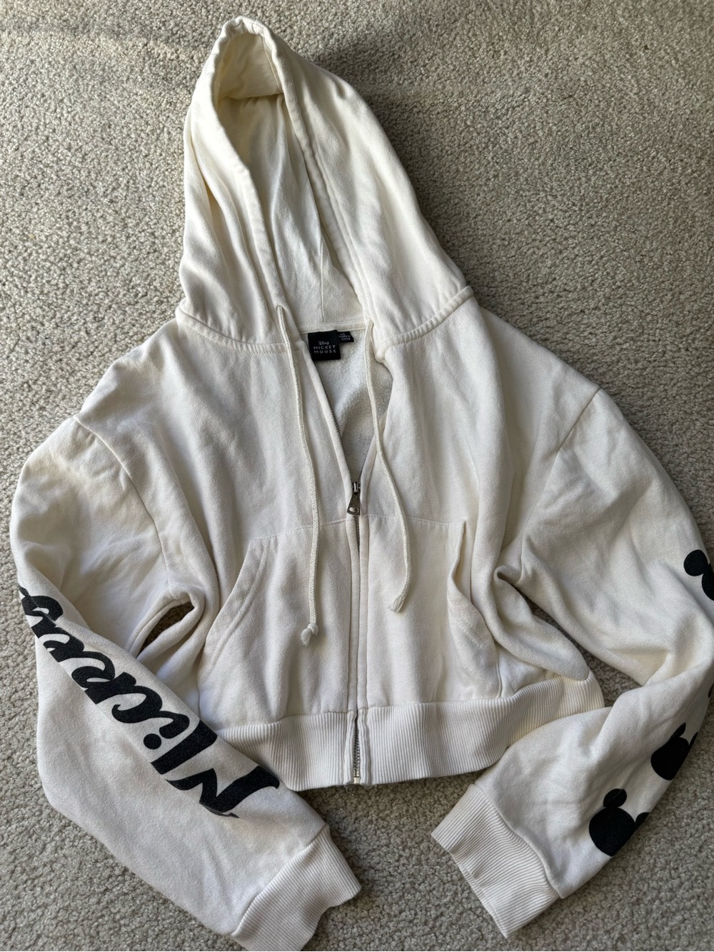 Disney Cream Cropped Zip-Up Hoodie with Black Sleeve Graphics y2k